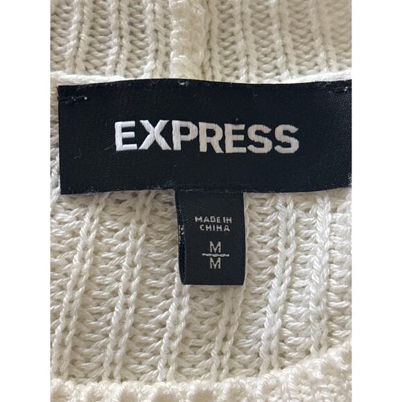 Express Pullover Sweater Women Size Medium Ivory Cold Shoulder Cable Knit Ruffle - Picture 3 of 11